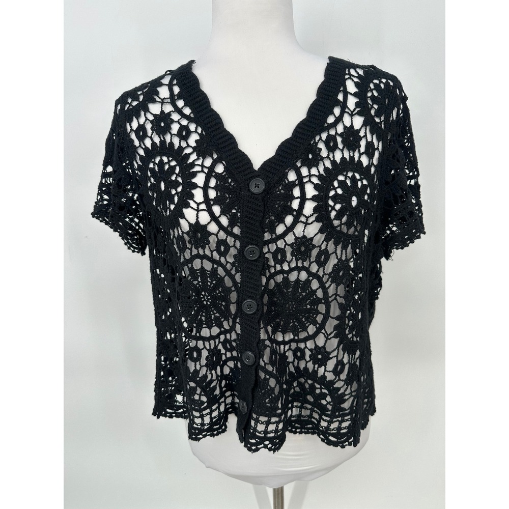 Charlie B Crochet Lace Cardigan Womens M Black Boho Coastal Whimsigoth Festival